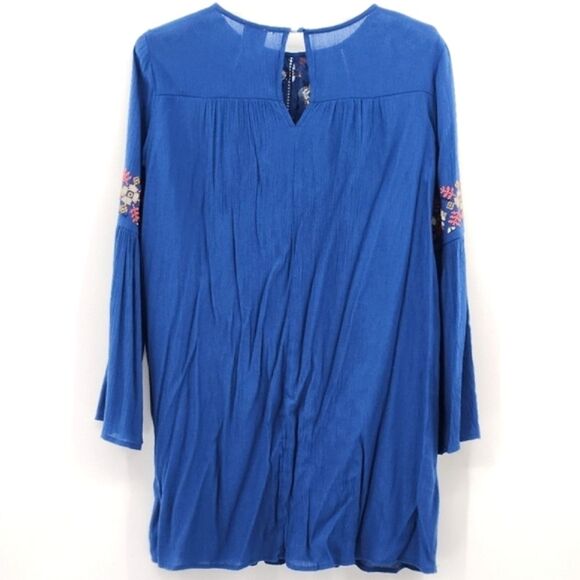 Blue Rain Bell Sleeve Dress Size Small Blue Floral Embroidery Cottage Peasant - Picture 2 of 9